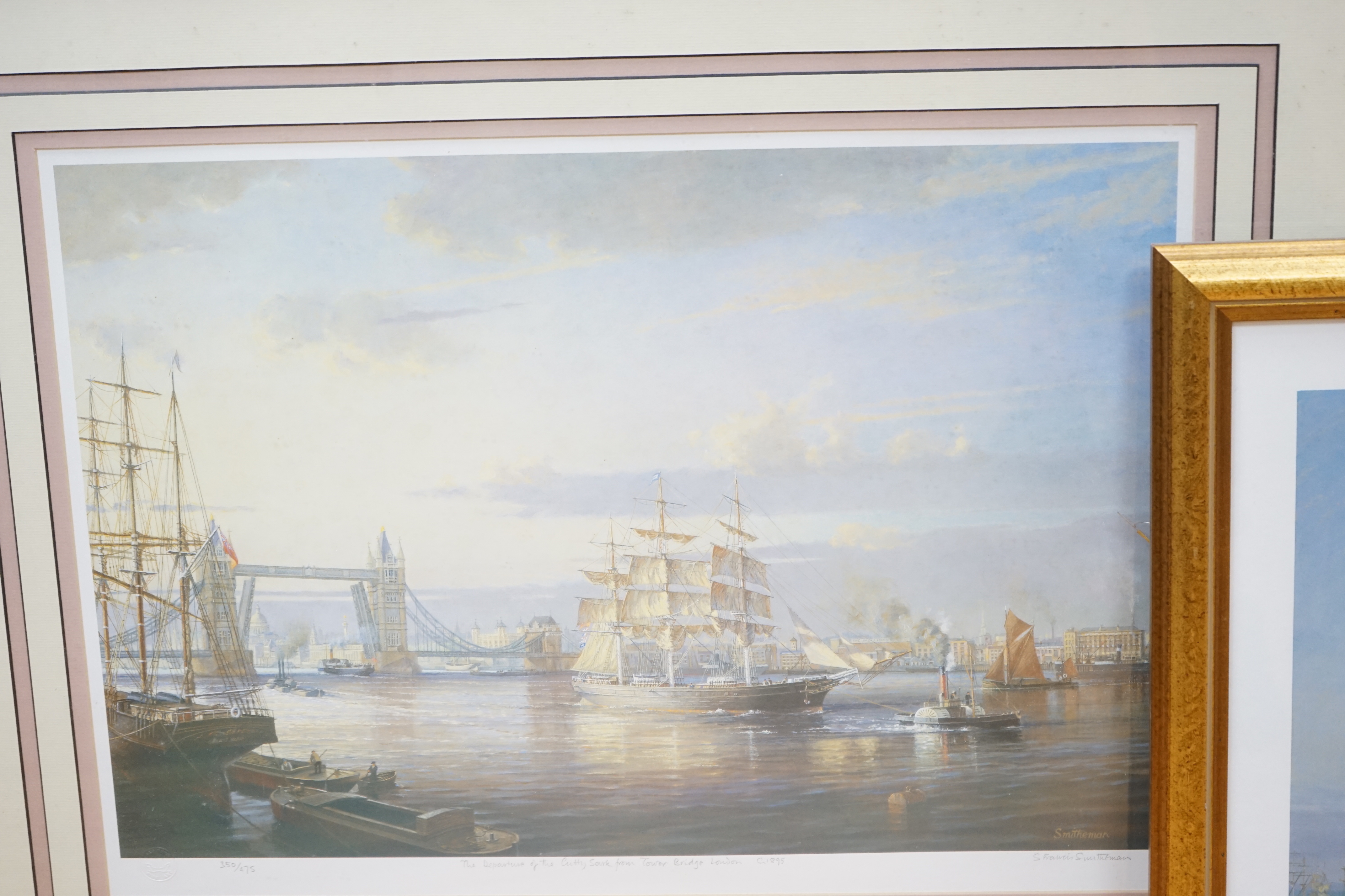 Stanley Francis Smitheman (1927-2016) set of four Marine interest prints, including 'Departure of Cutty Sark from Tower Bridge, London', signed in pencil, limited edition 350/475, largest 57 x 41cm